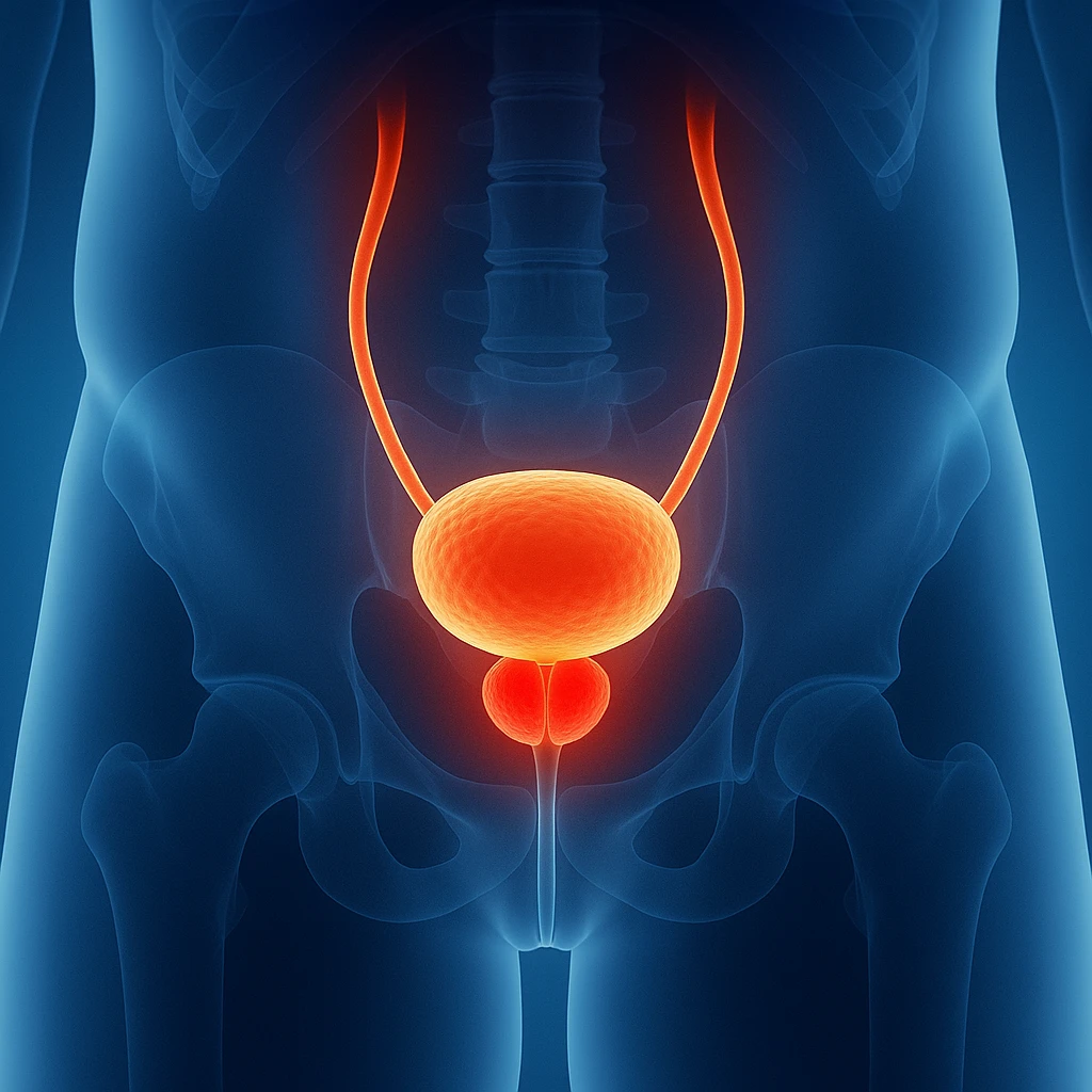 Medical illustration of male bladder and prostate