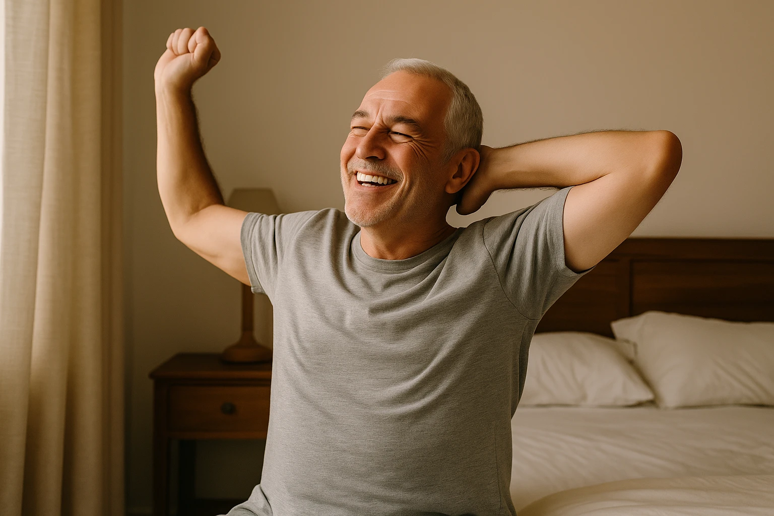 Mature man smiling in the mirror feeling relieved